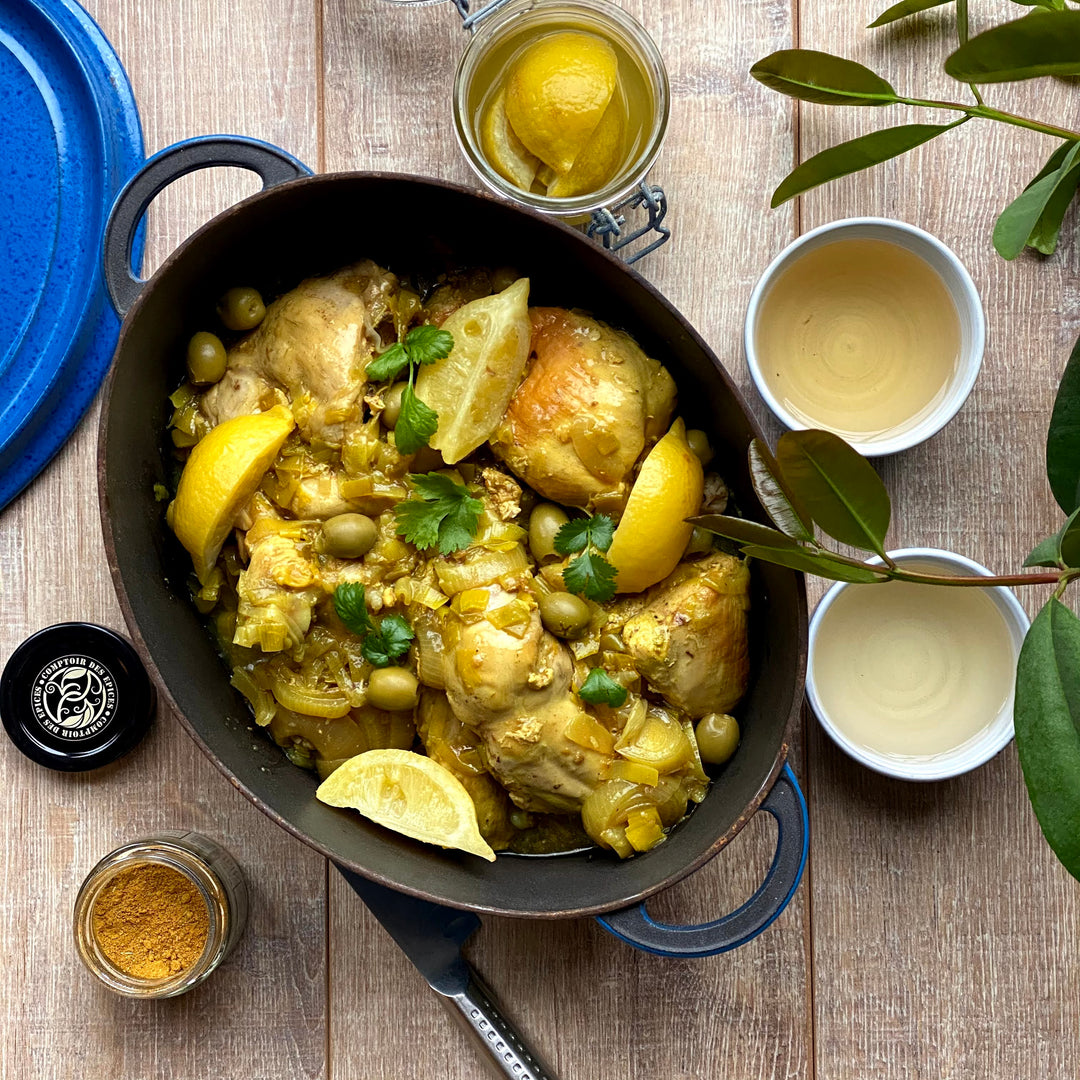 Tajine de poulet aux olives et citrons confits