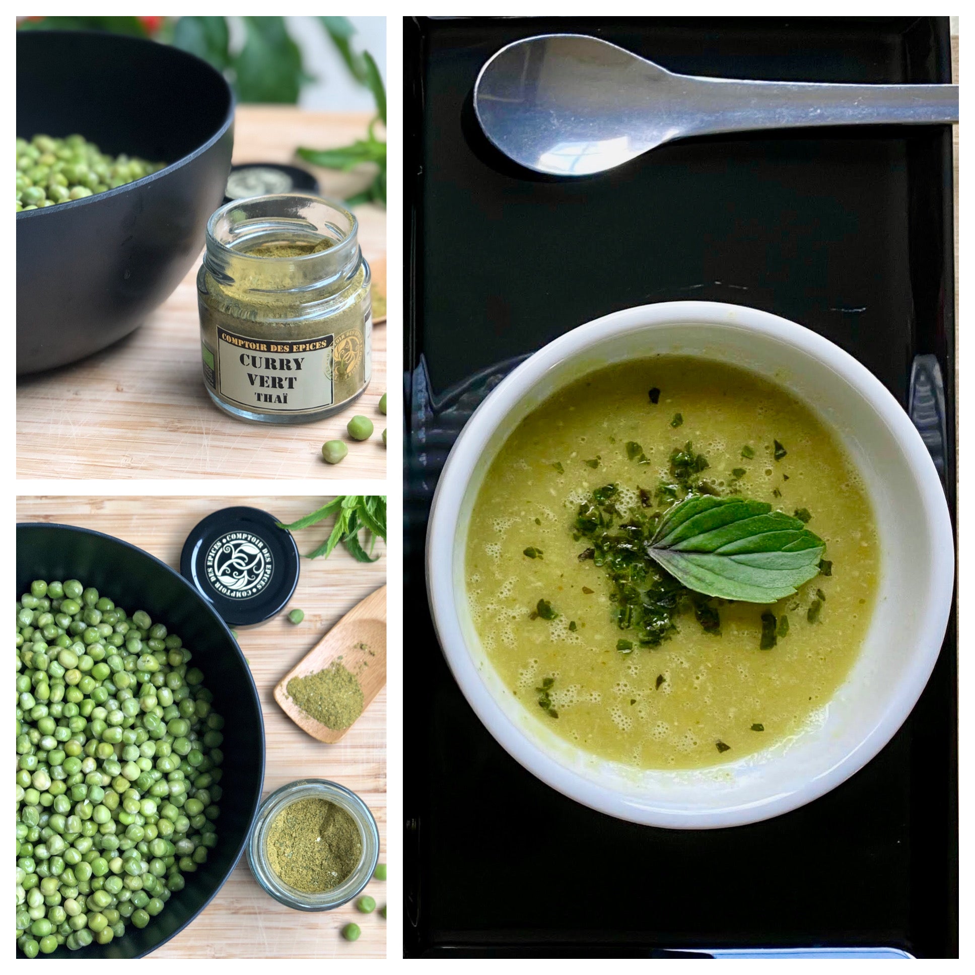 Soupe de petits pois au curry vert, basilic et lait de coco – Konteo